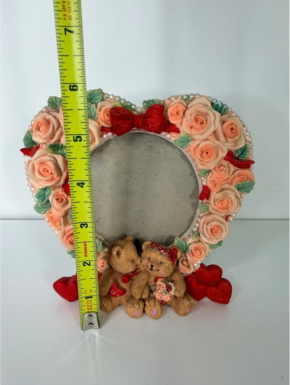Heart shaped resin picture frame with roses and teddy bears